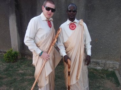 Zeb and the groom. For Zeb a Muzungu and a Westerner it was a real honor to say yes to being in this cousin of Pius and Mydear's wedding. He had a great time and it was a great cultural experience!!